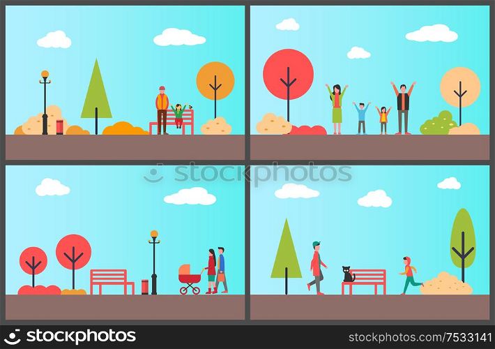 People in autumn park, sunny day of season vector. Teenager jogging and working out, family walking with stroller and kid. Father and daughter rest. People in Autumn Park, Sunny Day of Fall Season