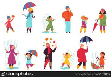 People in autumn. Park walking, fun men wear outdoor cloth. Fall season character, person with umbrella and leaves vector set. Autumn park, people with umbrella under rain walking outside illustration. People in autumn. Park walking, fun men wear outdoor cloth. Urban fall season characters, person with umbrella and colorful leaves decent vector set
