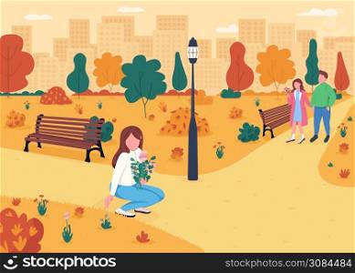 People in autumnal park flat color vector illustration. Girl pick flowers. Couple walk in city garden. Seasonal weekend recreation. Family 2D cartoon characters with urban landscape on background. People in autumnal park flat color vector illustration
