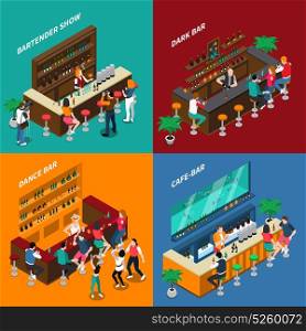 People In Bar Isometric 2x2 Design Concept. People in bar 2x2 design concept of interiors with racks chairs bartenders and guests isometric vector illustration