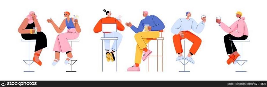People in bar sitting on high chairs drinking alcohol or refreshing beverages. Young male and female characters with wineglasses communicate, dating, celebrate party, Line art flat vector illustration. People in bar sitting on high chairs drink alcohol