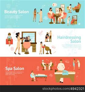 People In Beauty And Spa Salon Horizontal Banners. Three horizontal banners with customers receiving services in beauty hairdressing and spa salons flat vector illustration