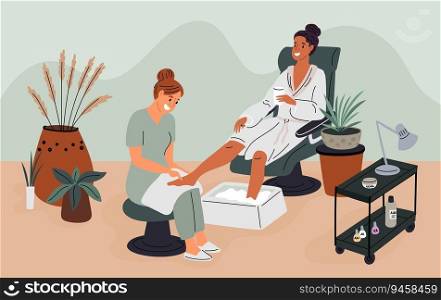 People in beauty center. Professional pedicure master working with client on armchair. Foot or nail care. Spa relax and cosmetology. Skincare procedures. Woman manicure salon. Garish vector concept. People in beauty center. Professional pedicure master working with client. Spa relax and cosmetology. Skincare procedures. Foot or nail care. Woman manicure salon. Garish vector concept