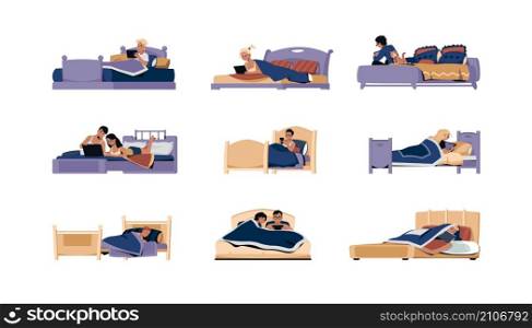 People in bed. Cartoon characters lying on mattress. Persons reading working and playing in bedroom. Young man and woman with mobile phone and laptop. Digital addiction. Vector sleep disorder concept. People in bed. Cartoon characters lying on mattress. Persons reading working and playing in bedroom. Man and woman with phone and laptop. Digital addiction. Vector sleep disorder concept