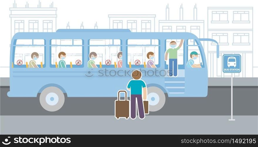 People in blue mask traveling by bus with seats with NO SITTING sign. Respecting social isolation, sitting in the designated seats to maintain a safe distance to avoid contagion. Vector image