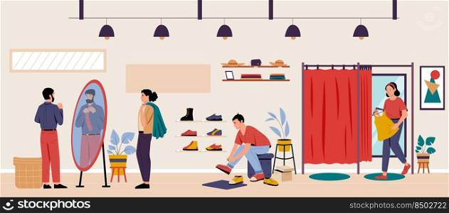 People in boutique. Man and woman going to fashion clothing store. Male characters looking at mirror and trying on tie, woman in fitting room. Person putting on shoes Shopping concept vector. People in boutique. Man and woman going to fashion clothing store. Male characters looking at mirror