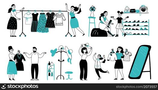 People in boutique. Person buy clothes, choosing elegant dress in store. Young woman shopping in fashion store, decent retail market vector scenes. Illustration boutique and store, fashion people. People in boutique. Person buy clothes, choosing elegant dress in store. Young woman shopping in fashion store, decent retail market vector scenes