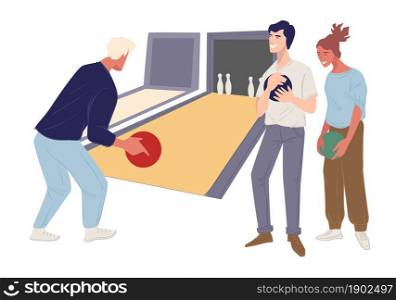 People in bowling resting and practicing skills. Friends or colleagues gathered for team building. Cheerful characters with balls playing game. Tournament or competition. Vector in flat style. Friends spending time in bowling, fun activities