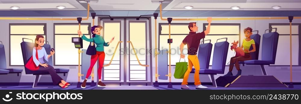 People in bus interior, passengers men and women with luggage, smartphones or pets sit and stand in modern city commuter transport salon with pos terminal and windows, Cartoon vector illustration. People in bus interior, passengers ride transport