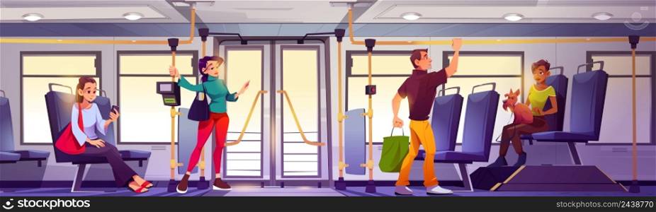 People in bus interior, passengers men and women with luggage, smartphones or pets sit and stand in modern city commuter transport salon with pos terminal and windows, Cartoon vector illustration. People in bus interior, passengers ride transport