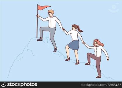 People in business attire climb mountain holding hands to reach flag at top. Concept of corporate leadership and success in career ladder with active interaction between employees. Flat vector design . People in business attire climb mountain holding hands to reach flag at top. Vector image