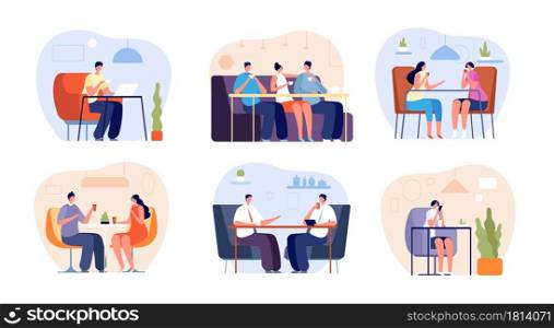 People in cafe. Person drink espresso, flat modern friend group in cafeteria. Isolated man woman meeting dating in restaurant vector concept. Cafe espresso, coffee table cafeteria illustration. People in cafe. Person drink espresso, flat modern friend group in cafeteria. Isolated man woman meeting dating in restaurant vector concept