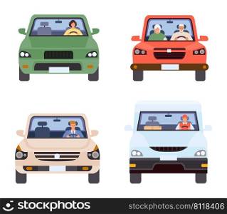 People in cars front view, collection of vehicles. Transportation and transport for travel, driver drive traffic, automobile vehicle car illustration vector. People in cars front view, collection of vehicles