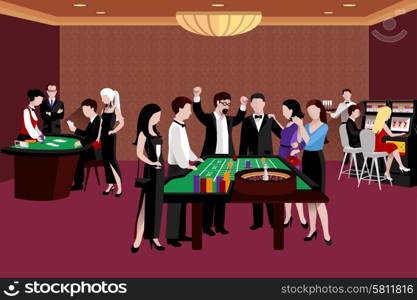 People in casino standing around the roulette table flat vector illustration. People In Casino Illustration