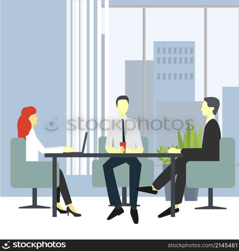 People in chairs at the desk talking, brainstorming and negotiating. Modern business interior. Vector illustration.