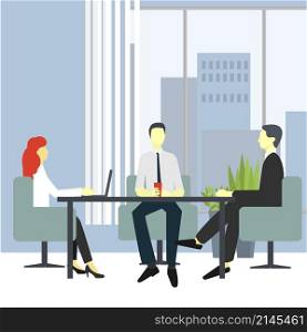 People in chairs at the desk talking, brainstorming and negotiating. Modern business interior. Vector illustration.