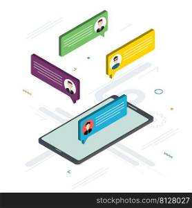 People in chat on mobile phone or smartphone on message app, dialogue with speech bubbles. Cellphone online messaging concept, social media. Icon set in isometric vector on white background.
