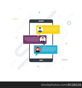 People in chat on mobile phone or smartphone on message app, dialogue with speech bubbles. Cellphone online messaging concept, social media. Icon set in flat design vector on white background.