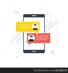 People in chat on mobile phone or smartphone on message app, dialogue with speech bubbles. Cellphone online messaging concept, social media. Icon set in flat design vector on white background.