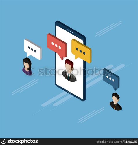 People in chat on mobile phone or smartphone on message app, dialogue with speech bubbles. Cellphone online messaging concept, social media. Icon set in isometric vector on blue background.