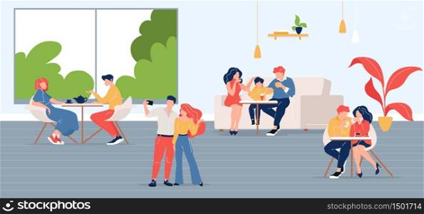People in city cafe flat color vector illustration. Friends meeting in coffeehouse. Colleague lunch break. Family in restaurant 2D cartoon characters with coffeeshop interior on background. People in city cafe flat color vector illustration