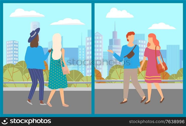 People in city on weekends vector, flat style characters walking at streets of town. Cityscape with skyscrapers and bushes, foliage and nature in urban area. Citizen relaxing and strolling together. Couple in Town Female Friends Walking in Park