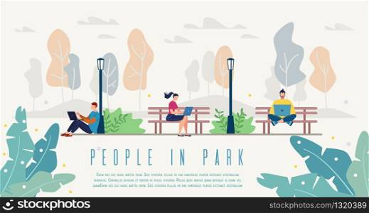 People in City Park, Comfortable Public Space or Nature Place Flat Vector Web Banner, Landing Page Template with Men and Woman Sitting on Grass and Bench in City Park, Working on Laptop Illustration