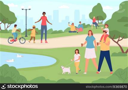 People in city park. Happy families walking dog, playing in nature landscape and riding bicycle. Cartoon outdoor activities vector concept. Illustration city park, family people rest outdoor. People in city park. Happy families walking dog, playing in nature landscape and riding bicycle. Cartoon outdoor activities vector concept
