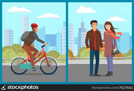 People in city park vector, man riding bicycle, couple walking holding hands. Cityscape skyscrapers male leading active lifestyle bicyclist with helmet. Autumn park. Couple Walking in City Park, Man on Bicycle Set