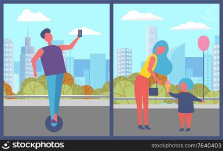 People in city vector, young teenager with modern technologies riding hoverboard and taking selfie on smartphone. Woman mother with child holding balloons, kid and mom in town flat illustration. Teenager on Hoverboard, Mother with Kid in City