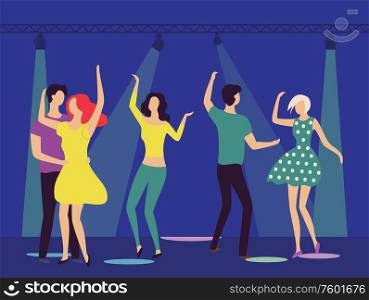 People in club vector, nightlife of youth man and woman hugging and dancing, male and female having fun moving and relaxing, disco dancers flat style. Dancing People in Club, Man and Woman Hugging