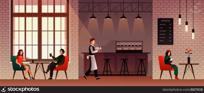 People in coffee shop. Friends meet and drink coffee and relax in coffeehouse. Guys talk with happy barista. Flat vector cafe work, cute table bar style working illustration. People in coffee shop. Friends meet and drink coffee and relax in coffeehouse. Guys talk with happy barista. Flat vector illustration