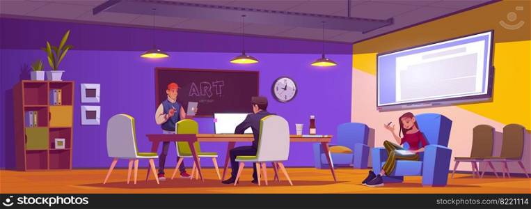People in coworking area think business idea or develop art project, teamwork, brainstorm concept. Relaxed creative team sitting at desk and armchairs in working space, Cartoon vector illustration. People in coworking area think business idea.