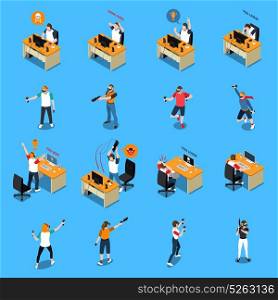 People In Cyber Sport Isometric Set. People in cyber sport isometric set with virtual headset emotions of players near pc isolated vector illustration