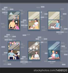 People in different apartments windows flat color vector illustration. Family leisure time activities. Couple spend time together. Self isolated 2D cartoon characters with interior on background