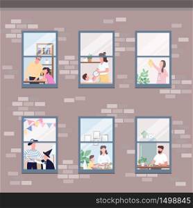People in different apartments windows flat color vector illustration. Morning routine. Man eat breakfast. Woman clean up. Self isolated relatives 2D cartoon characters with interior on background
