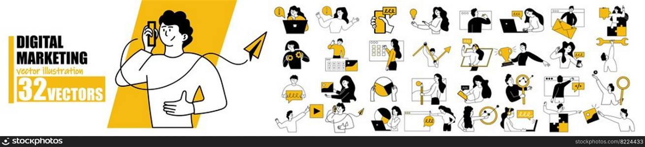 People in digital marketing and internet situation scene set. Web business and media communication vector illustration person. Character collection and company strategy work. Social network situation