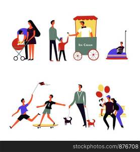 People in entertainment park of family with children in funfair. Vector father and son child buying ice cream, play ball or balloon and riding on rides, woman with daughter in baby carriage and dog. People family children in park vector icons