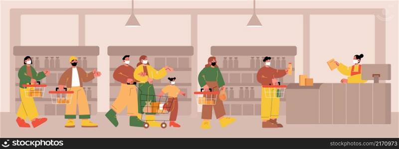 People in face masks standing in queue to checkout counter in supermarket. Customers with baskets and cart waiting in long line in store. Vector flat illustration of shop with cashier and shoppers. People in face masks standing in queue in shop