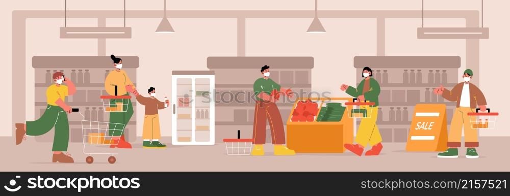 People in face masks with shopping carts and baskets in supermarket. Vector flat illustration of persons with trolleys make purchases in store. Shoppers buy food and vegetables. People in face masks with baskets in supermarket