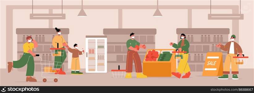 People in face masks with shopping carts and baskets in supermarket. Vector flat illustration of persons with trolleys make purchases in store. Shoppers buy food and vegetables. People in face masks with baskets in supermarket