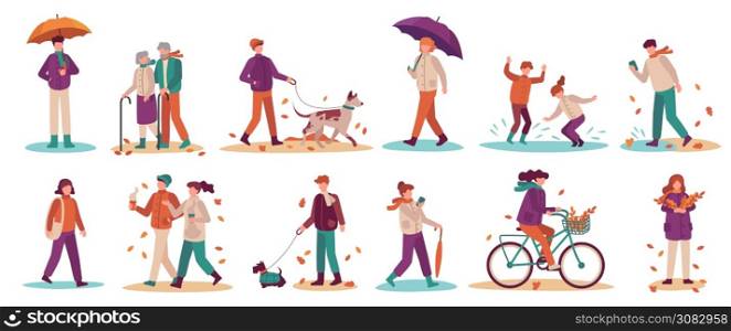People in fall season. Men and women walk street, ride bicycle, walking dog. Young and adults umbrella in autumn park vector set. Illustration woman and man in autumn weather with dog and umbrella. People in fall season. Men and women walk street, ride bicycle, walking dog. Young and adults with umbrella in autumn park vector set
