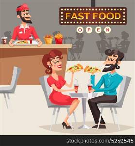 People In Fast Food Restaurant Illustration. People eating pizza behind table in fast food restaurant and worker behind counter in background vector illustration