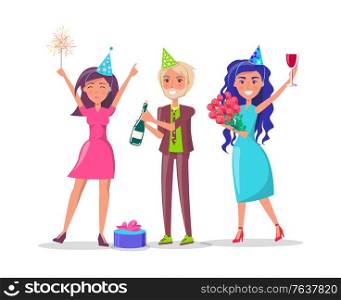 People in festive dresses celebrating birthday party, man in woman in cone shape hands. Vector cartoon male in suit, female with sparkler and wine. People in Festive Dresses Celebrate Birthday Party