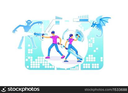 People in fighter simulator 2D vector web banner, poster. Gamer group with VR headset and controller flat characters on cartoon background. Simulator for entertainment. AR videogame colorful scene. People in fighter simulator 2D vector web banner, poster