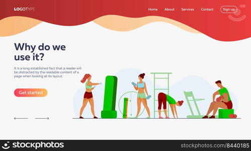 People in fitness club. Men and women training bodies, weight lifting, stretching muscles in gym. Vector illustration for sport, exercising, active lifestyle concept