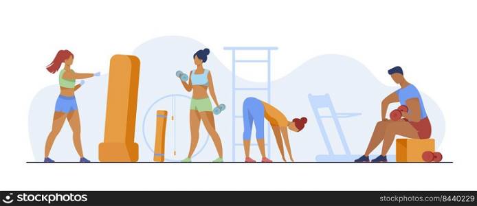 People in fitness club. Men and women training bodies, weight lifting, stretching muscles in gym. Vector illustration for sport, exercising, active lifestyle concept
