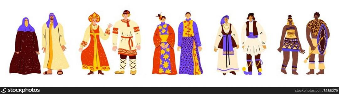 People in folk costumes. Couples in national clothes. Different countries persons. Men and women pairs in traditional dress. Male and female ethnic outfits. World nationalities. Classy vector set. People in folk costumes. Couples in national clothes. Different countries persons. Men and women in traditional dress. Male and female outfits. World nationalities. Classy vector set
