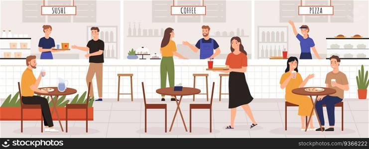 People in food court. Adult men and women eat lunch in cafe or restaurant interior with table. Sushi, coffee and pizza place vector concept. Illustration sushi and pizza, in food court place. People in food court. Adult men and women eat lunch in cafe or restaurant interior with table. Sushi, coffee and pizza place vector concept