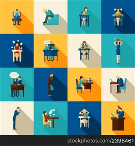 People in frustration overwhelmed with office work icons flat set isolated vector illustration. Frustration Icons Flat Set